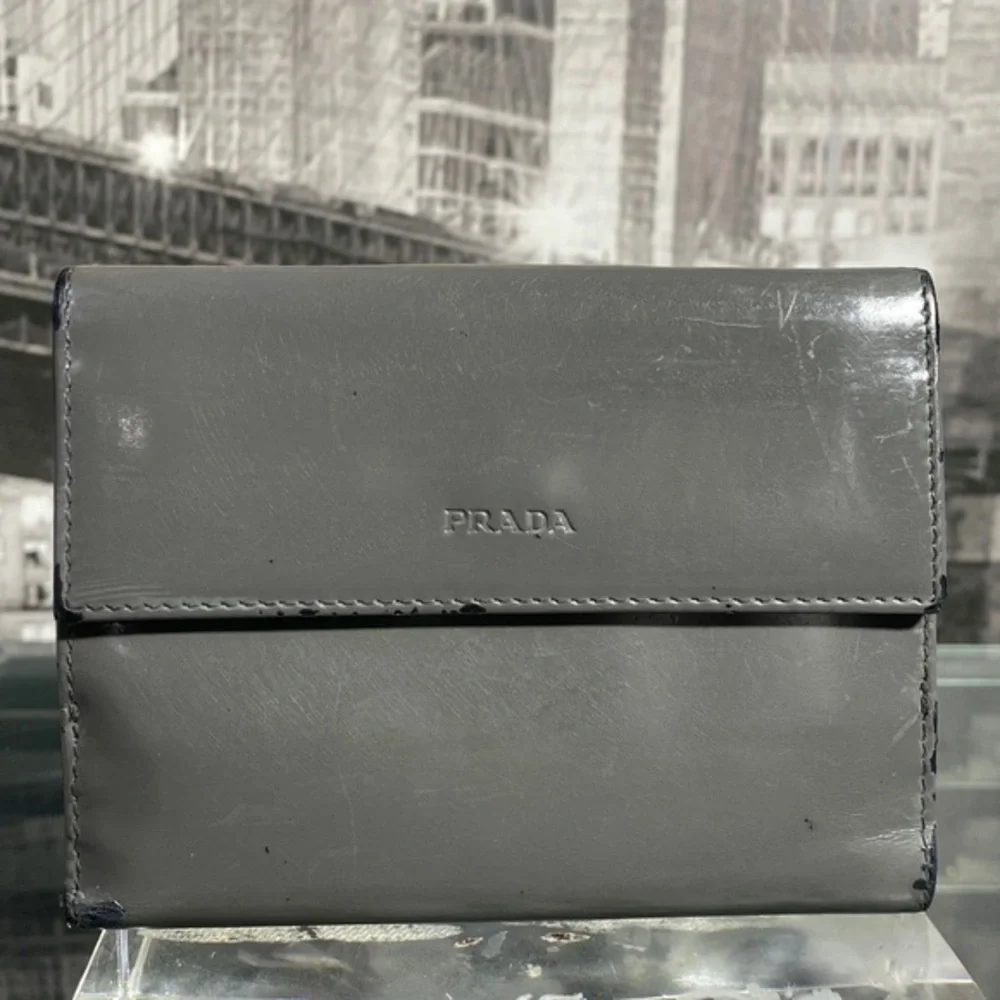 Authentic Prada Grey Shiny Leather Wallet